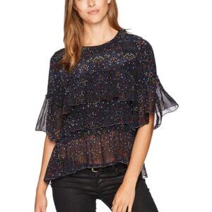 Velvet by Graham & Spencer Floral Chiffon Short Sleeve Ruffle Blouse Top Blue M